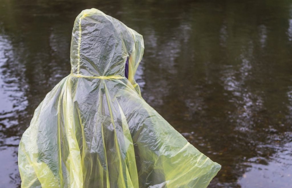 Lady splashing in water with rain yellow poncho. Keep reading to get the best rain ponchos for travel.