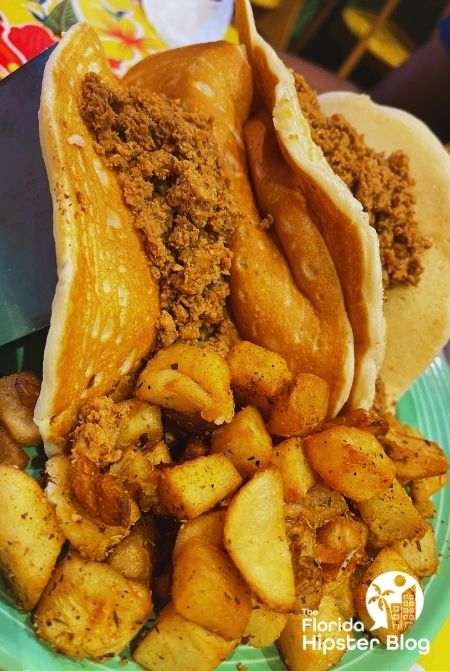 The Flying Biscuit Cafe Gainesville Florida Pancake Taco with beef and potatoes making it one of the best breakfast in Gainesville.