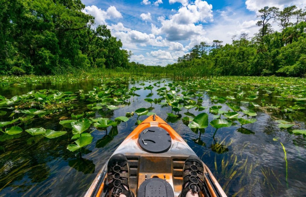 An orange kayak glides down a Alexander Springs at Ocala National Forest in Ocala, Florida. Keep reading for more places to take a perfect day trip from Orlando, Florida. 