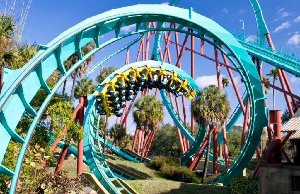 The Kumba Roller Coaster in Busch Gardens in Tampa, Florida. Keep reading for more places to take a perfect day trip from Orlando, Florida. 