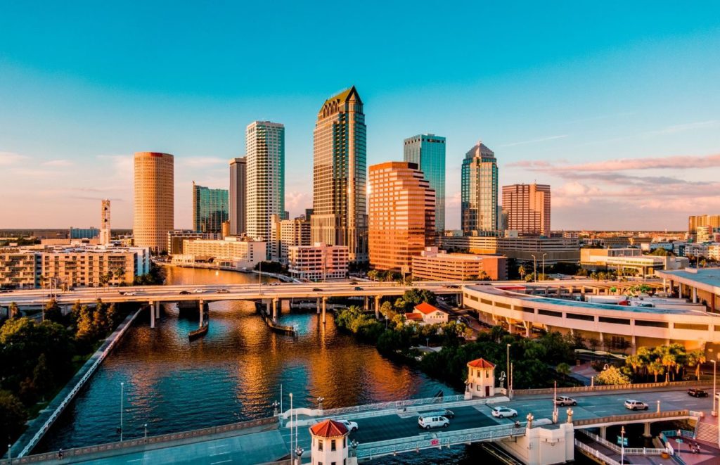 The skyline in Tampa Bay in Tampa, Florida. Keep reading for more places to take a perfect day trip from Orlando, Florida. 