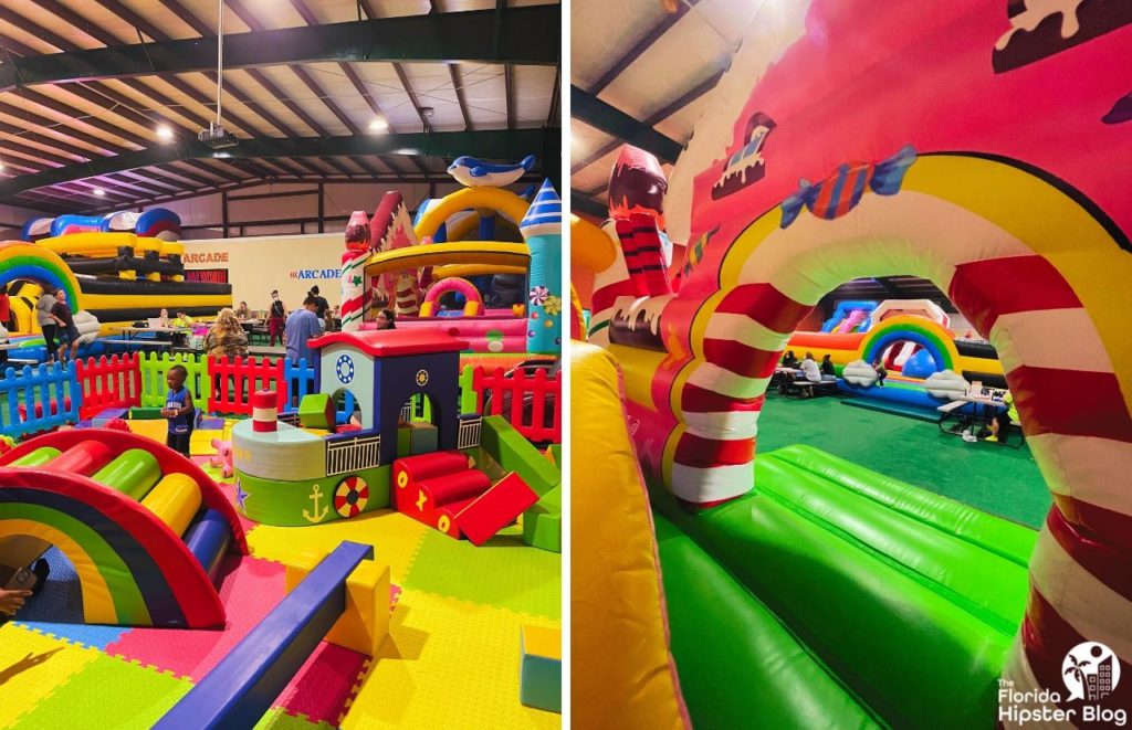 Inflatable slides and bounce houses at Jungle Zone Indoor Park in Tavares, Florida. Keep reading for more places to take a perfect day trip from Orlando, Florida. 
