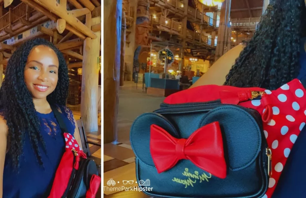Disney Wilderness Lodge Resort Hotel with Me (nikky j) wearing a Minnie Mouse Fanny Pack.