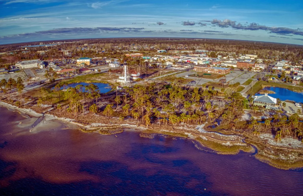 Port St Joe near Cape San Blas, Florida aerial shot of the small town. Keep reading to get the best things to do in the Florida Panhandle.