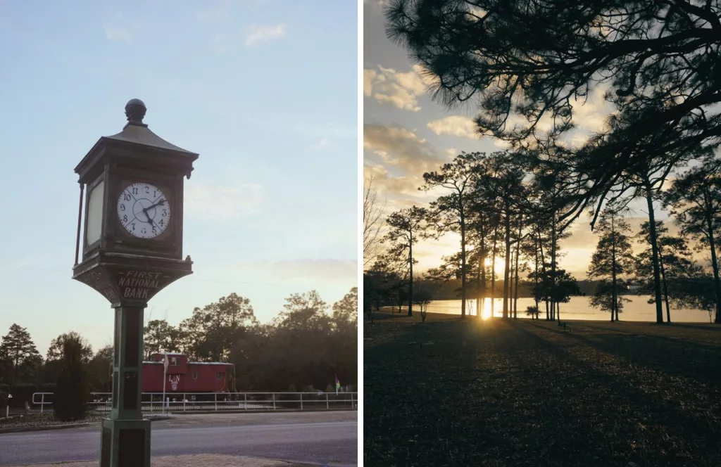 Sunset on Lake DeFuniak Springs and old clock tower. Keep reading to get the best things to do in the Florida Panhandle.