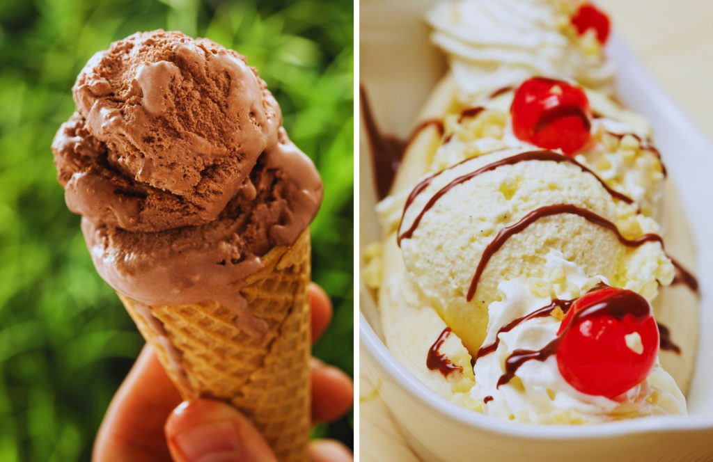 Bacio Ice Cream Shop chocolate and vanilla ice cream on cone. One of the best places to get ice cream in Orlando, Florida