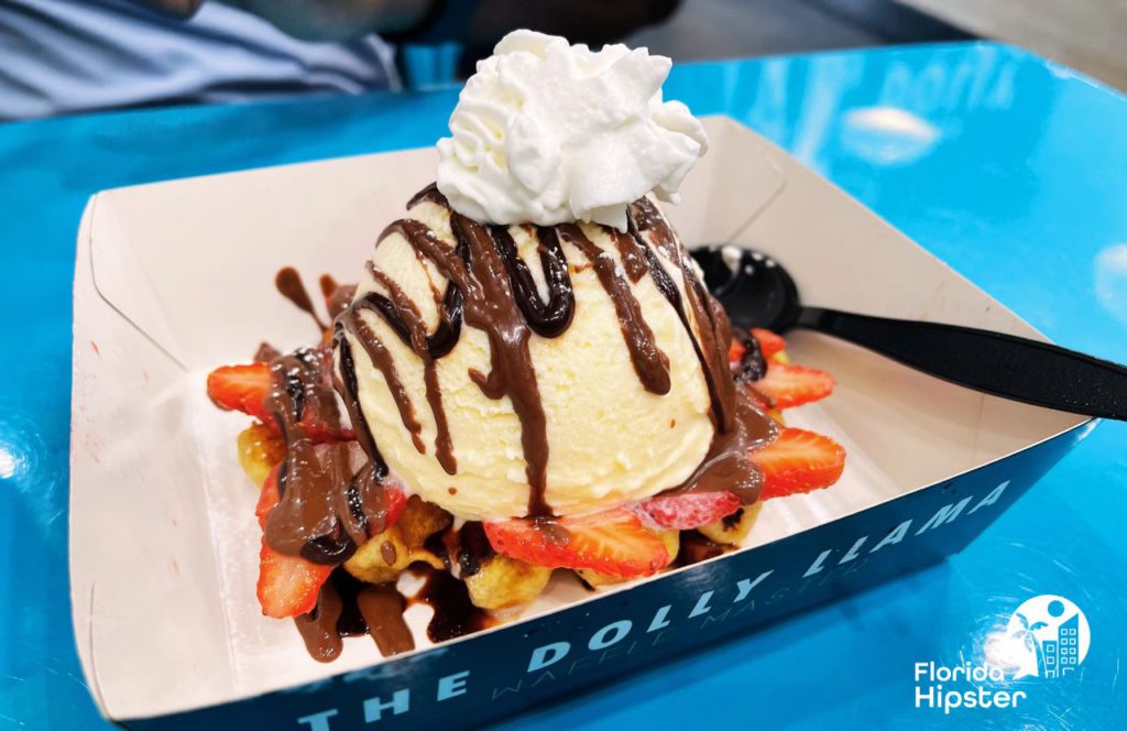 The Dolly LLama Waffle Master with ice cream on a waffle with whipped cream. One of the best places to get ice cream in orlando, florida
