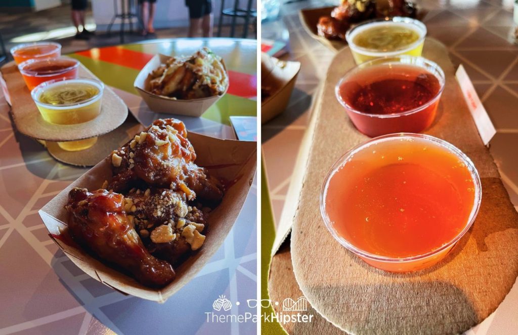 Epcot Food and Wine Festival at Disney Odyssey Cider Flight with Parmesan and Peanut Butter and Jelly Chicken Wings (4)