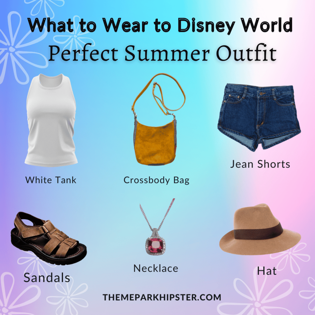 Disney World Florida Summer Outfit Ideas with White Shirt Brown Purse jean shorts sandals necklace and brown straw hat.