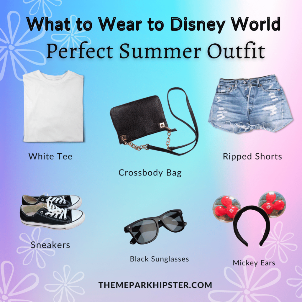 June Disney World Florida Summer Outfit Ideas with white t-shirt, black purse, jean shorts, sneakers, black sunglass, and minnie mouse ears.