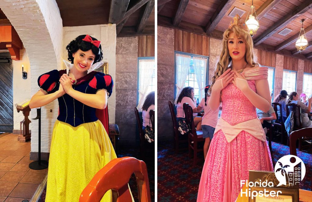 Princess Aurora Sleeping Beauty and Snow White at Disney World. Keep reading to discover more about the best kid restaurants in Orlando. 