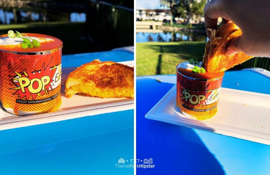 2025 Epcot Festival of the Arts Disney World Pop Eats Food Tomato Soup and Grilled Cheese. One of the best things to do in Florida in February.