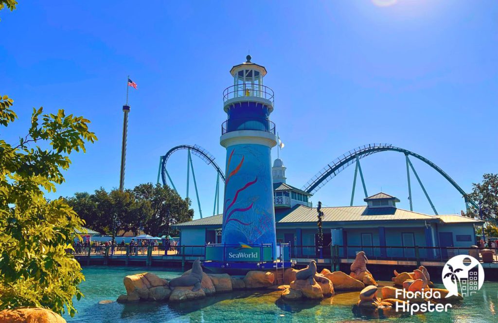 SeaWorld Orlando Entrance with SkyTower and Surf Coaster in the Background